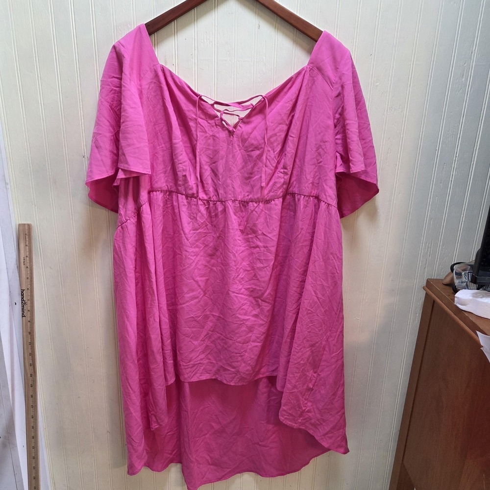 Torrid Dress Womens 4 Pink Solid Flutter Sleeve V Neck Hi-Low Swing Trapeze